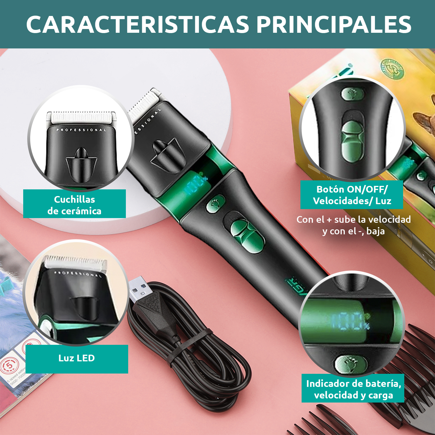 Máquina Cortar Pelo Peladora Mascotas VGR V-225 Luz 7000RPM Color Verde - Image 5