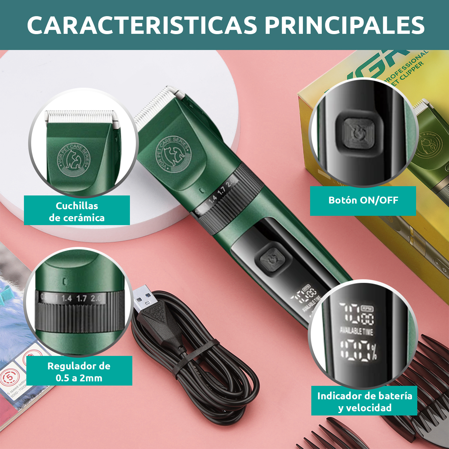 Máquina Cortar Pelo Peladora Mascota VGR V-240 7000RPM Color Verde - Image 5