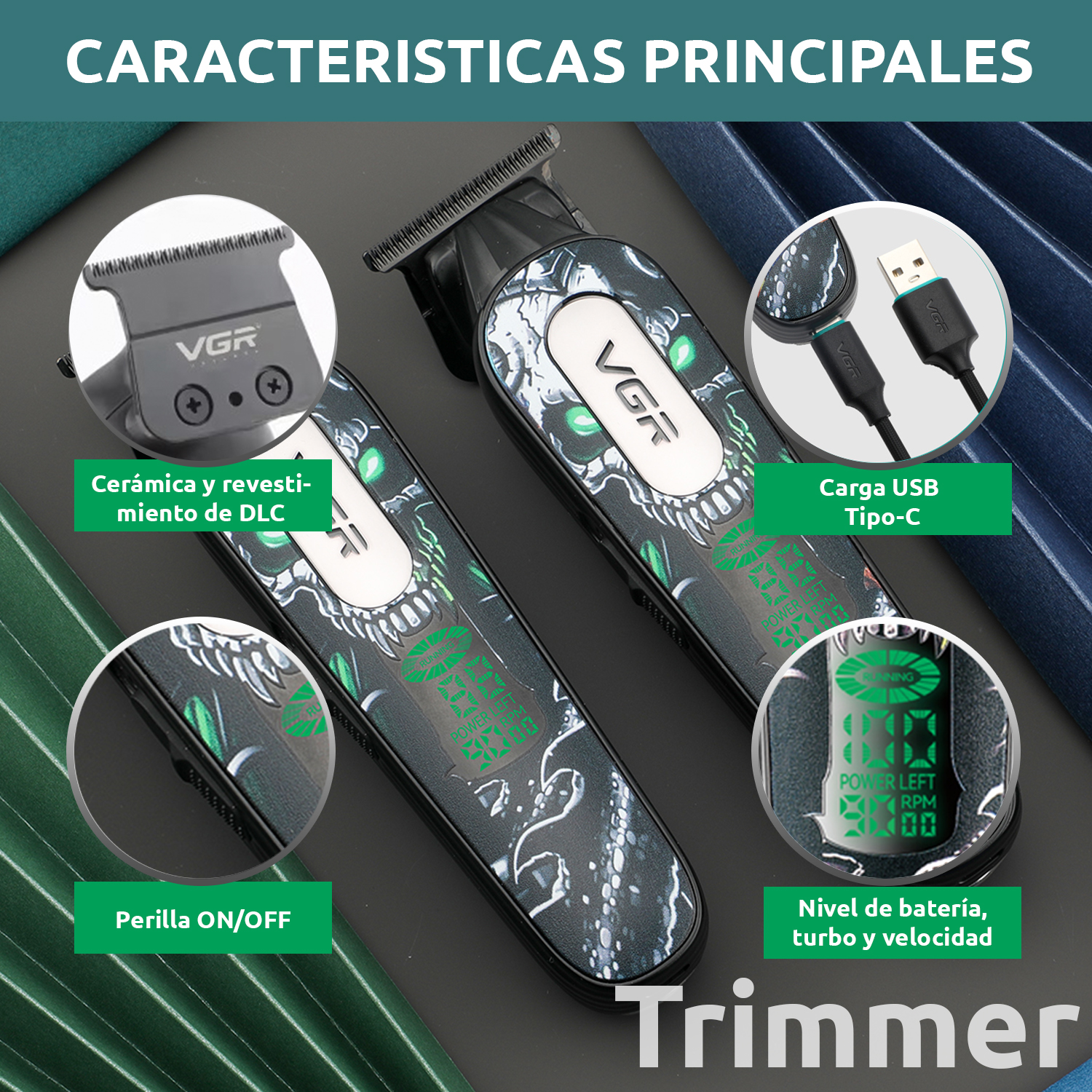 Cortadora De Pelo Patillera Pro VGR V-260 Metal Cuchilla DLC 9000RPM Color Verde - Image 6