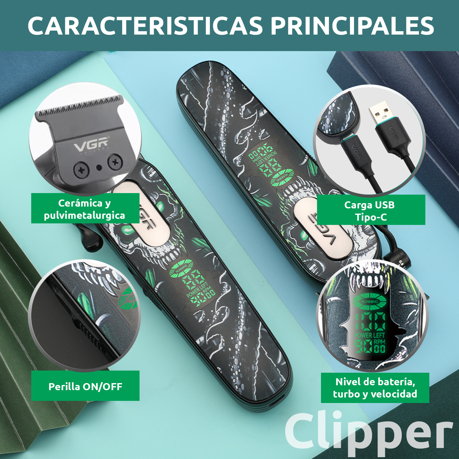 Máquina Corta Pelo Pro Clipper VGR V-279 Metal Cuchillas DLC 9000RPM Color verde - Image 6