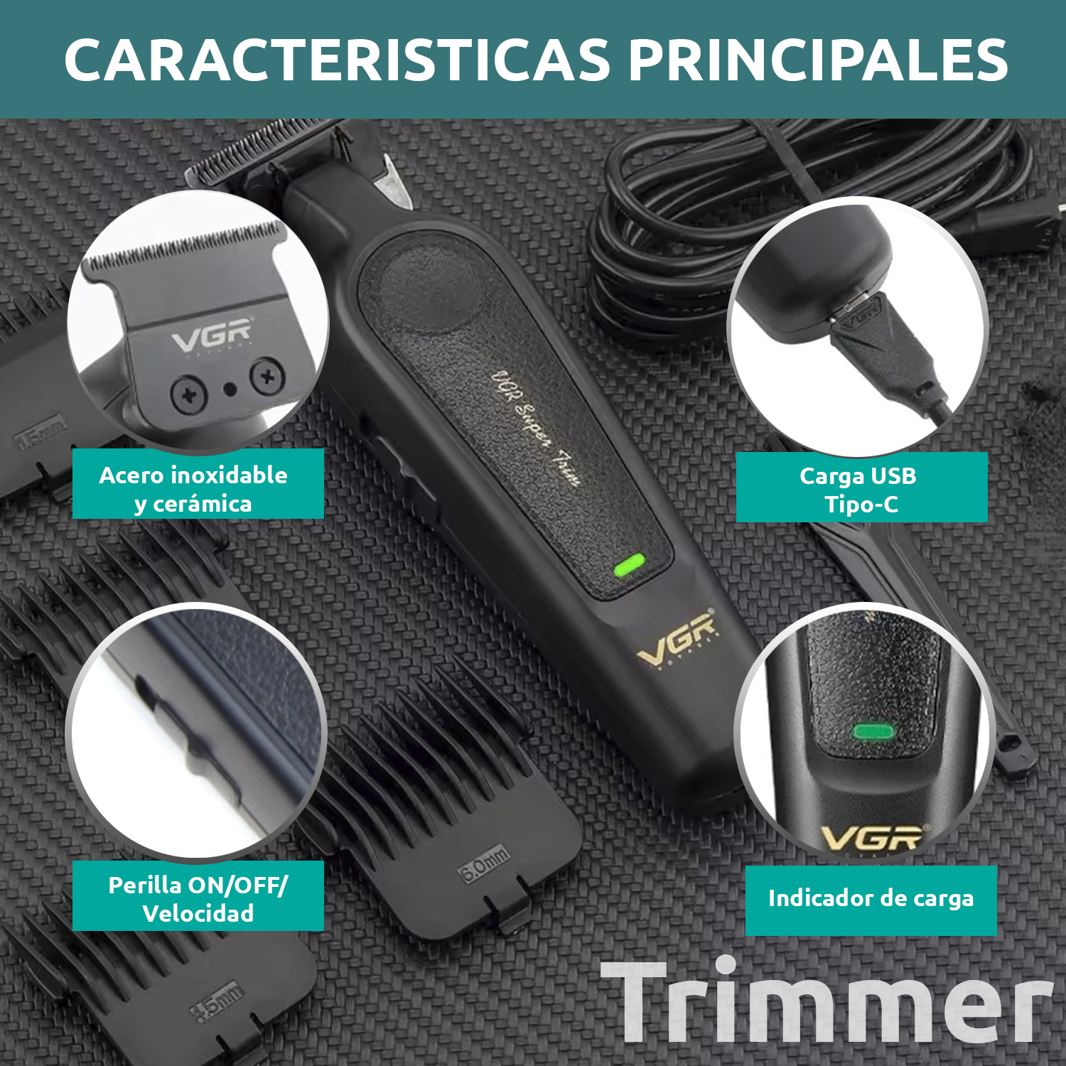 Cortadora De Pelo Patillera Trimmer VGR V-995 Usb 7000RPM T-blade Color Negro - Image 6
