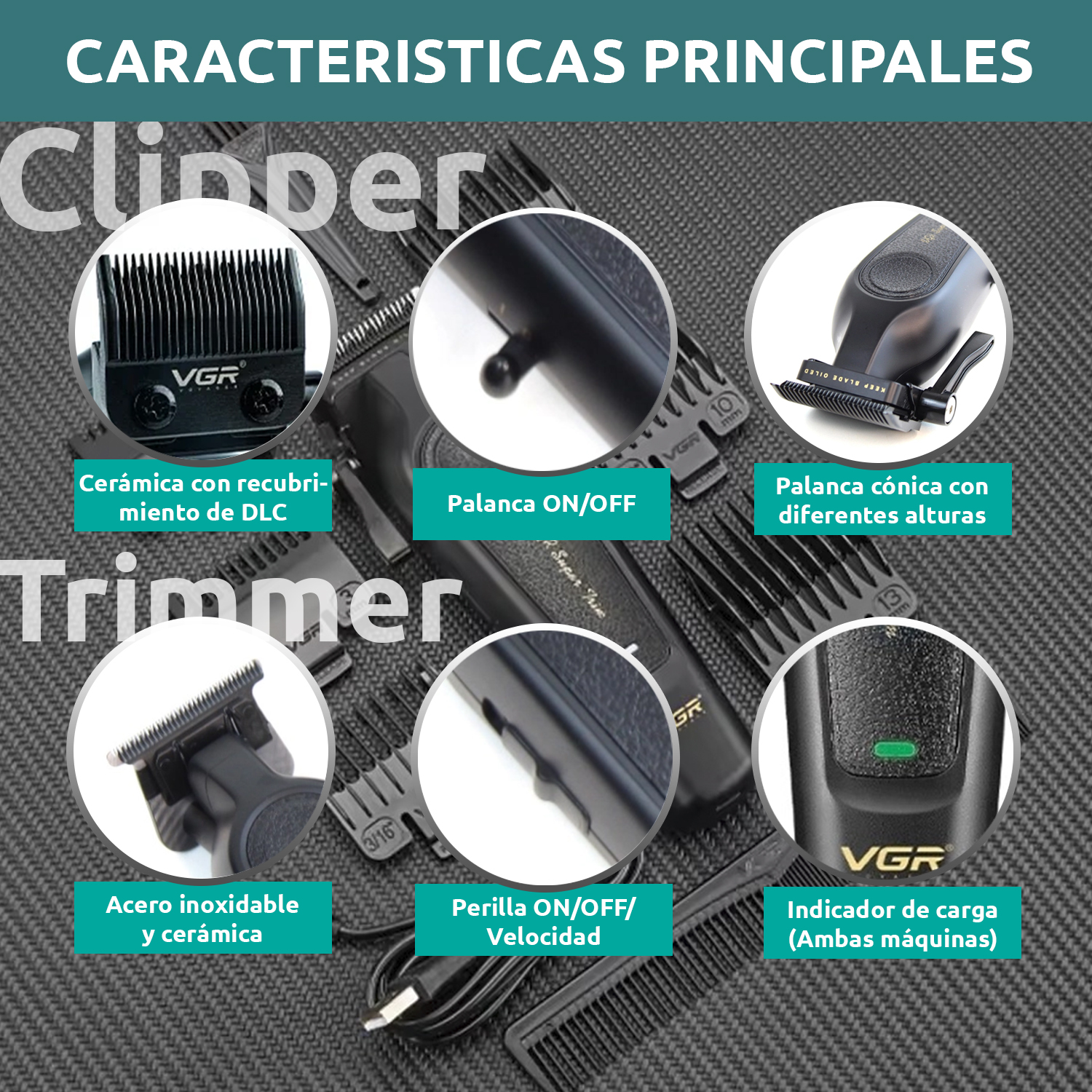 Maquina Corta Pelo Barba Trimmer Vgr V-197 y V-995 Inalámbrica Usb Color Negro - Image 6