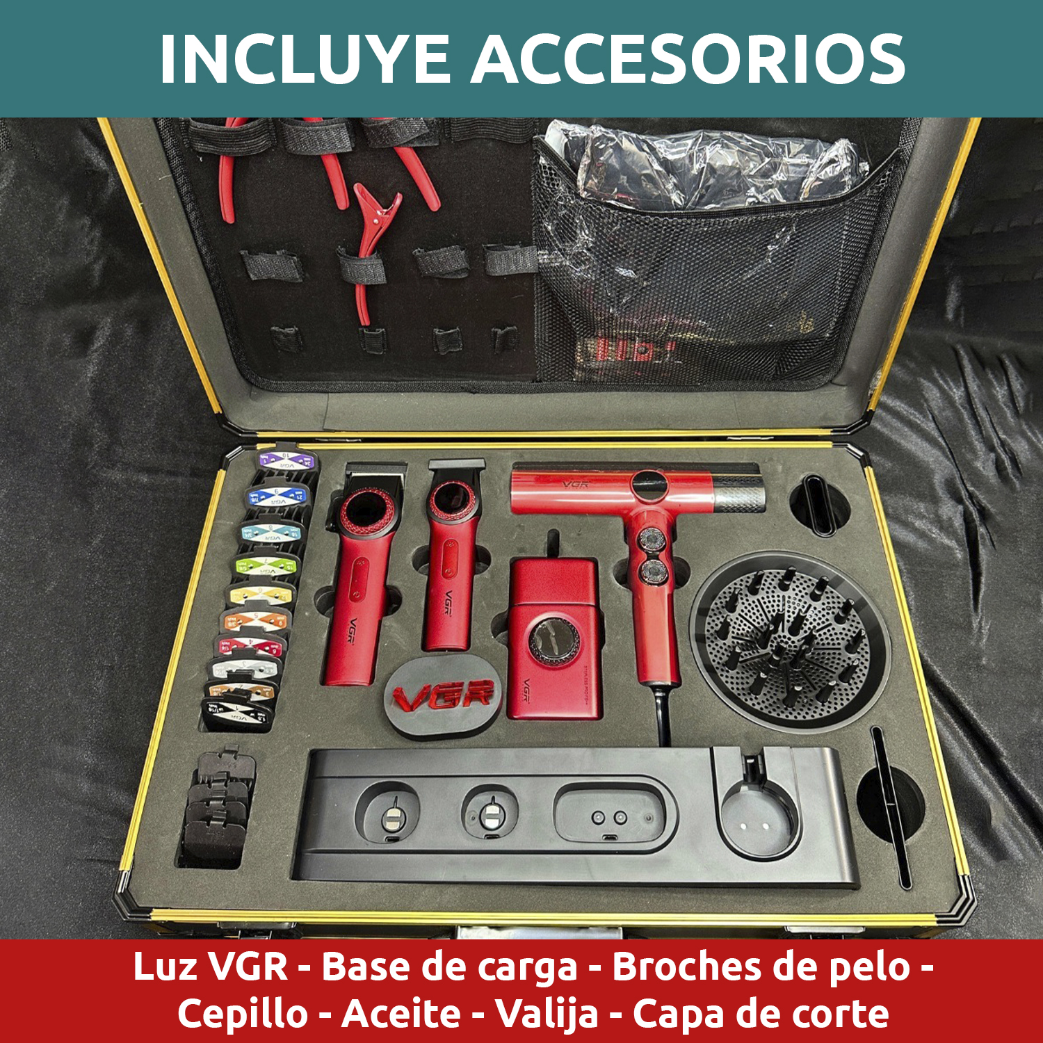 Set Premium Barbería Maletín Clipper V-001 Trimmer Shaver Secador Color Rojo - Image 8