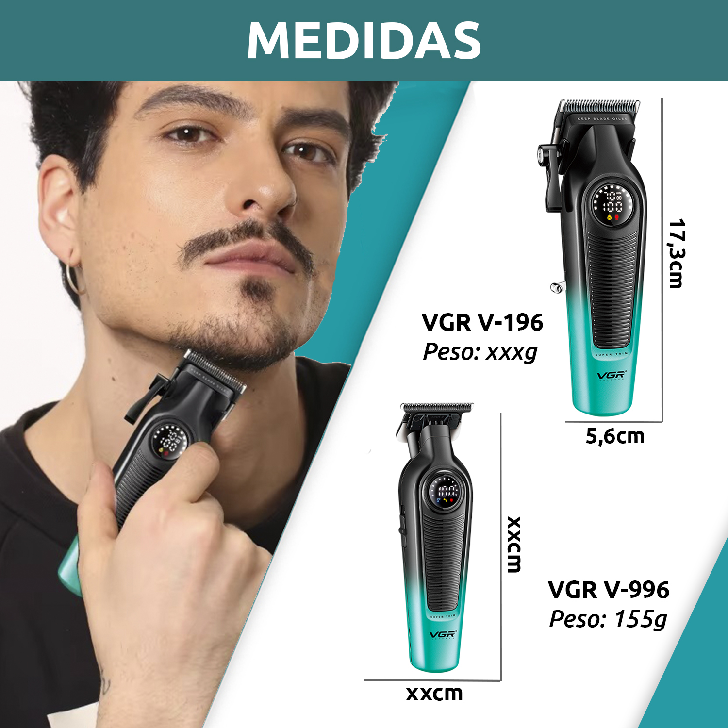 Set Máquina Cortar Pelo Clipper + Patillera Trimmer VGR V-196 y V-996 7000RPM Color verde - Image 9