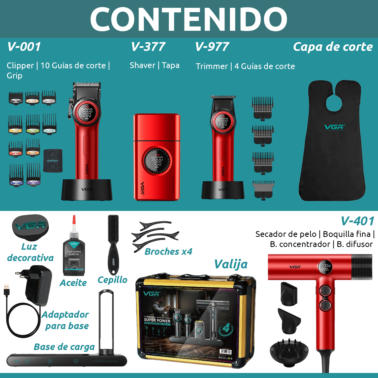 Set Premium Barbería Maletín Clipper V-001 Trimmer Shaver Secador Color Rojo - Image 10