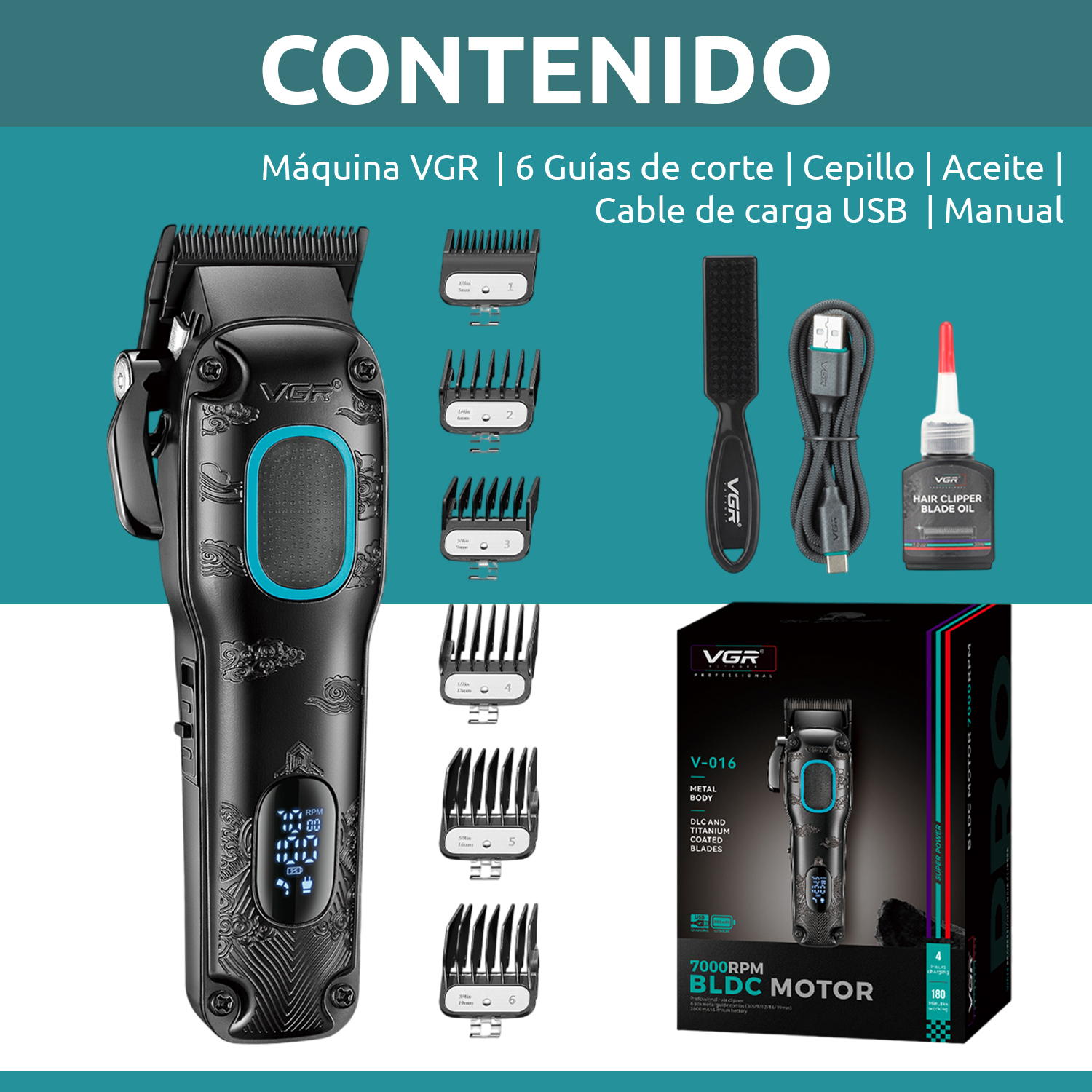 Maquina Cortar Pelo VGR V-016 Profesional Bldc 7000RPM Metal 8W Color Negro Y Verde - Image 10