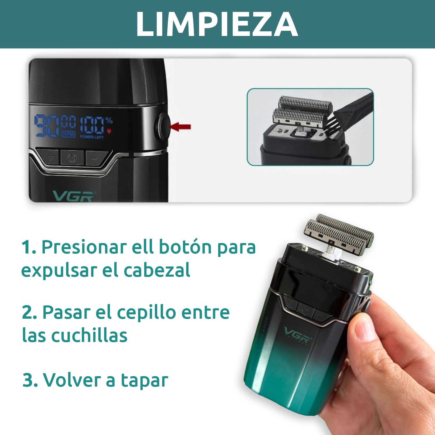 Afeitadora Eléctrica Hombre Barba VGR V-308 Turbo 9000RPM Color Verde - Image 8