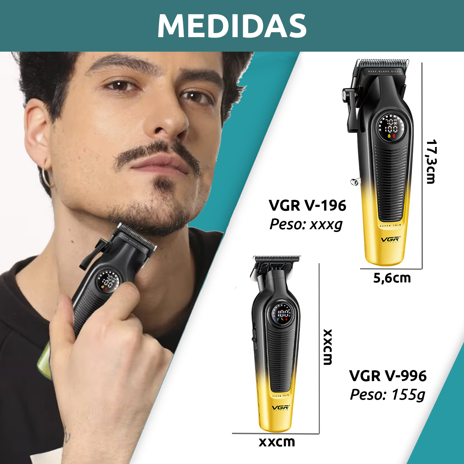 Set Máquina Cortar Pelo Clipper + Patillera Trimmer VGR V-196 y V-996 7000RPM Color Dorado - Image 9