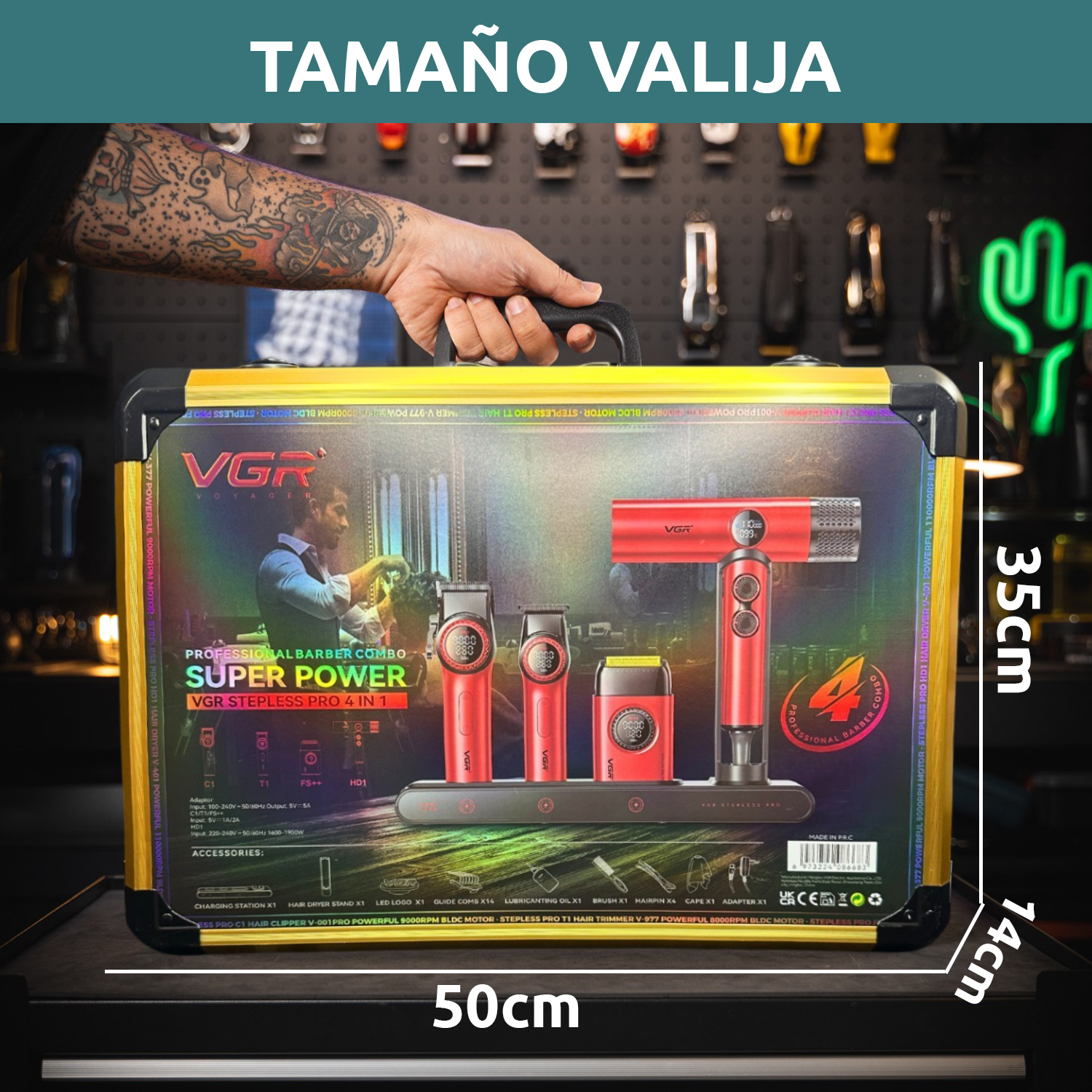 Set Premium Barbería Maletín Clipper V-001 Trimmer Shaver Secador Color Rojo - Image 9