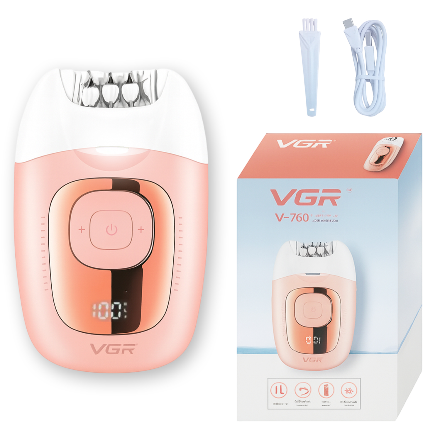 Depiladora Mujer Led Recargable VGR V-760 18 Pinzas Luz LED Color Rosa