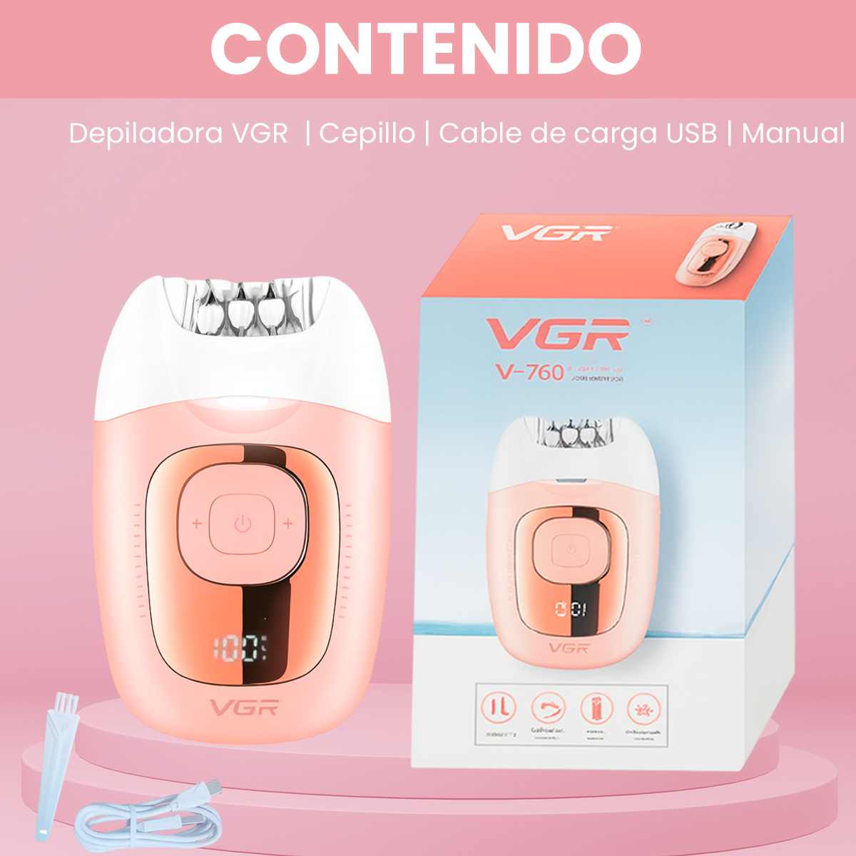 Depiladora Mujer Led Recargable VGR V-760 18 Pinzas Luz LED Color Rosa - Image 10