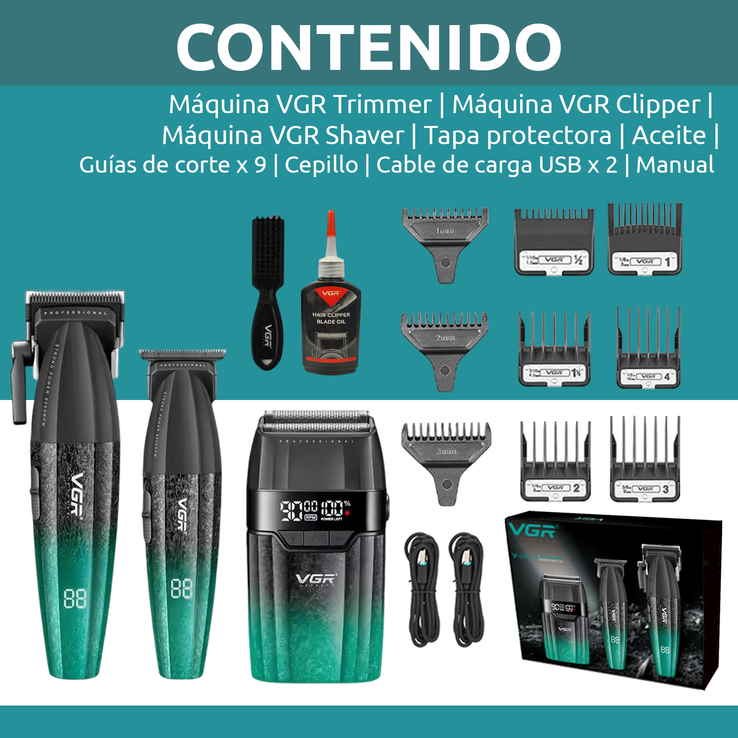 Set 3 en 1 VGR V-640 S3 Cortadora Pelo Afeitadora 9000RPM Motor BLDC Color Verde - Image 10