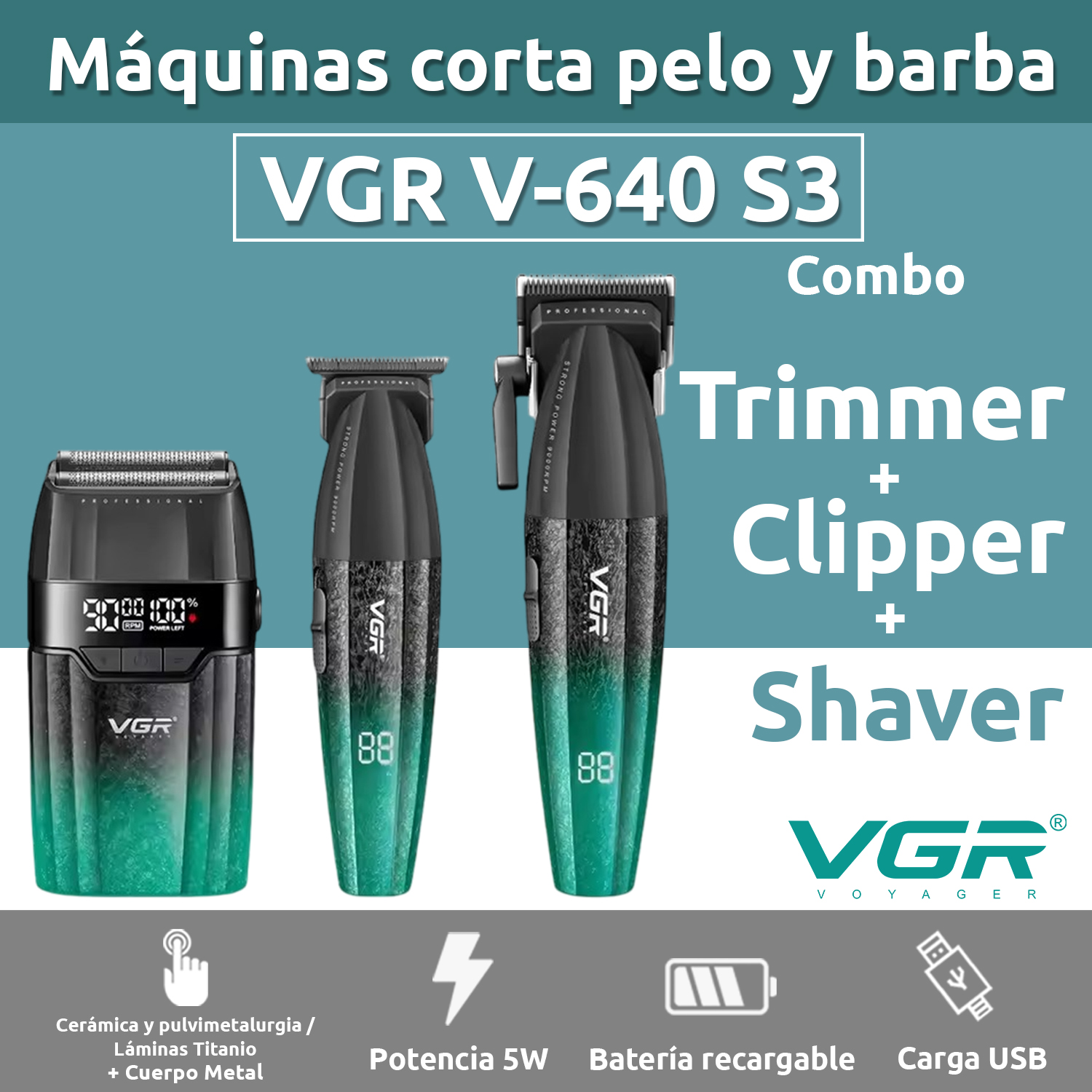 Set 3 en 1 VGR V-640 S3 Cortadora Pelo Afeitadora 9000RPM Motor BLDC Color Verde - Image 2