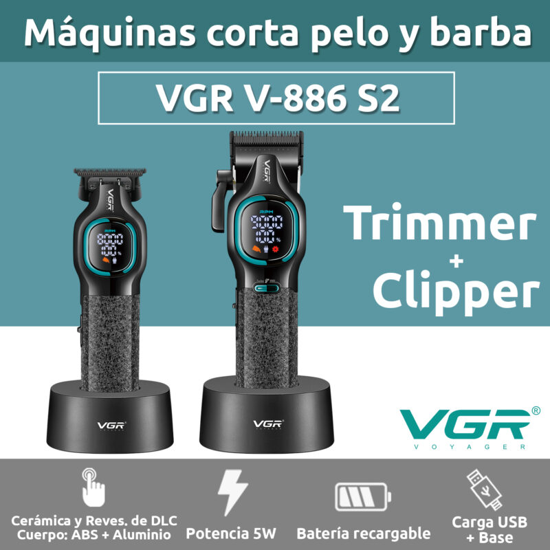 Alternative view of Set Maquina De Cortar Pelo Clipper+ Patillera Vgr V-886 S2 Grip 9000rpm Color Verde