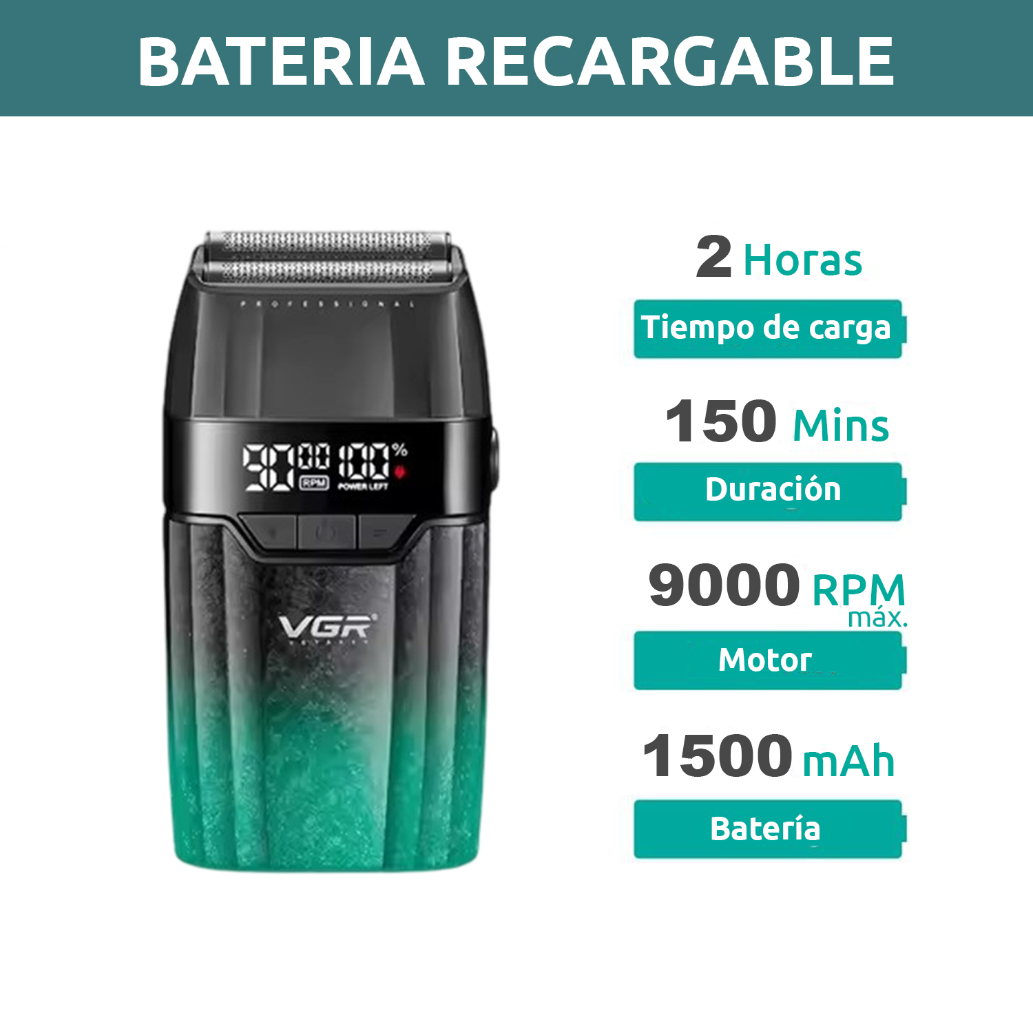 Set 3 en 1 VGR V-640 S3 Cortadora Pelo Afeitadora 9000RPM Motor BLDC Color Verde - Image 4