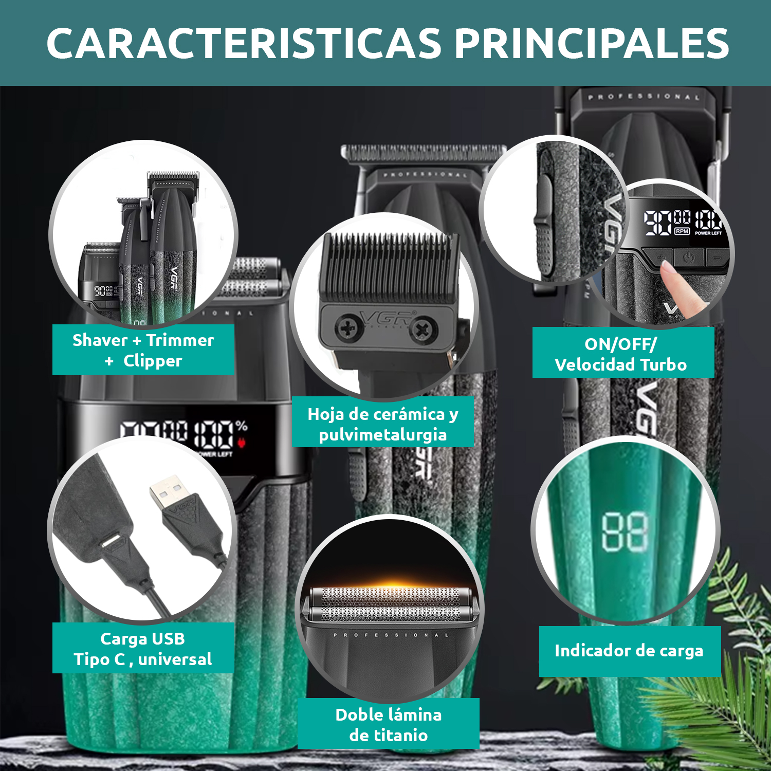 Set 3 en 1 VGR V-640 S3 Cortadora Pelo Afeitadora 9000RPM Motor BLDC Color Verde - Image 7