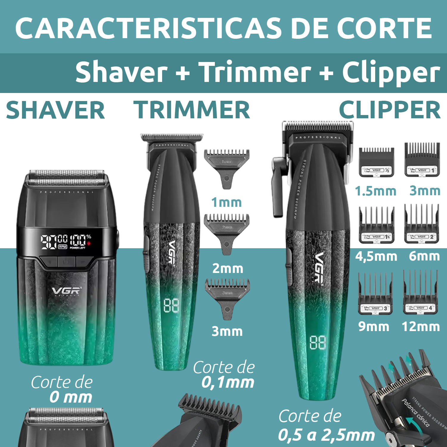 Set 3 en 1 VGR V-640 S3 Cortadora Pelo Afeitadora 9000RPM Motor BLDC Color Verde - Image 6