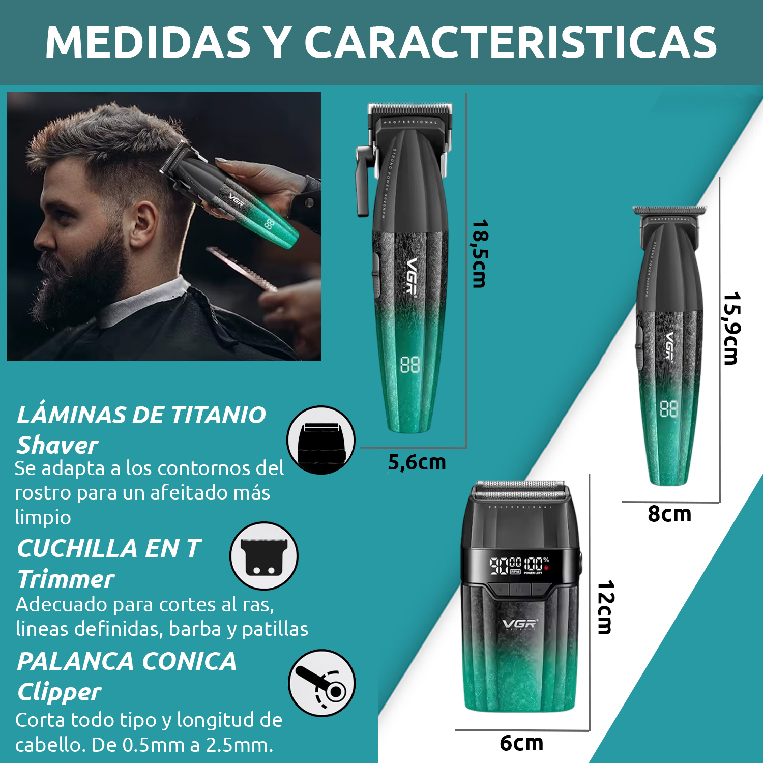 Set 3 en 1 VGR V-640 S3 Cortadora Pelo Afeitadora 9000RPM Motor BLDC Color Verde - Image 8