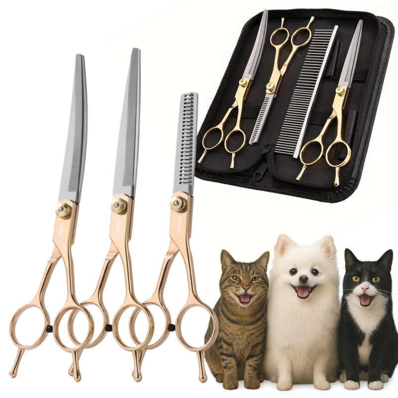 Tijeras Peluquería Mascotas VGR Kit Corte Recta Curva Pulir 6" 7" Color Dorado