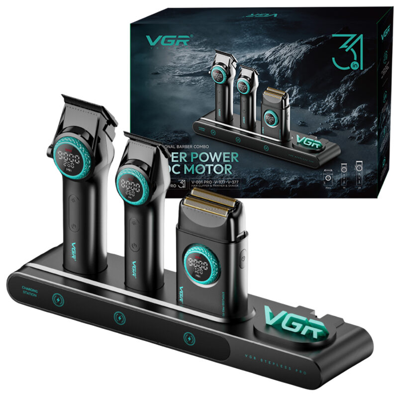 Kit Máquina De Cortar Pelo Afeitadora Barbería VGR 3 en 1 Luz Color Negro