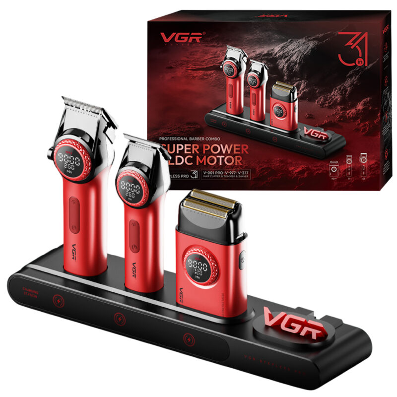 Kit Máquina De Cortar Pelo Afeitadora Barbería VGR 3 en 1 Luz Color Rojo