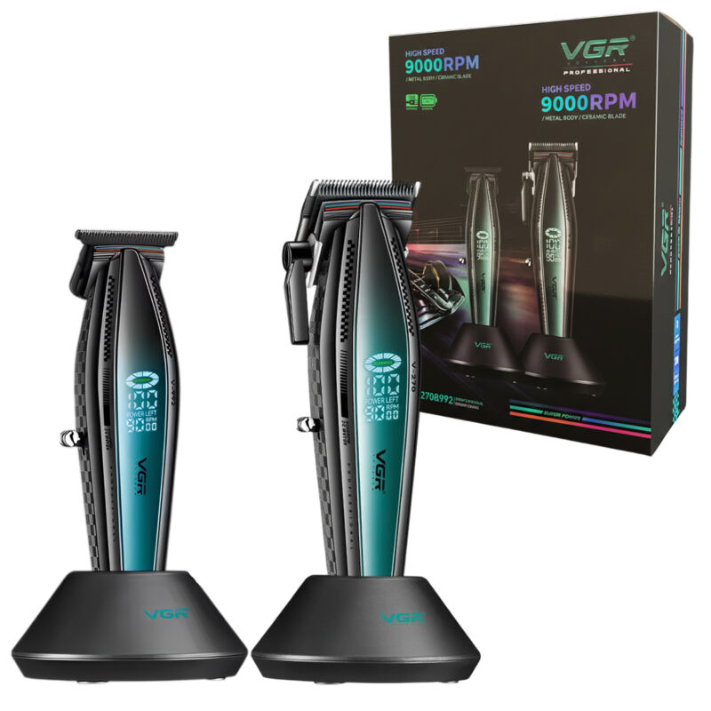Set Maquina Corte Pelo VGR Clipper V-270 + Trimmer V-992 Con Base Color Verde