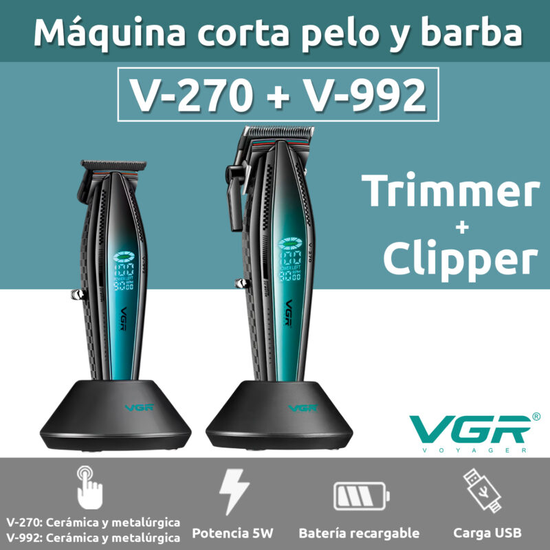 Alternative view of Set Maquina Corte Pelo VGR Clipper V-270 + Trimmer V-992 Con Base Color Verde