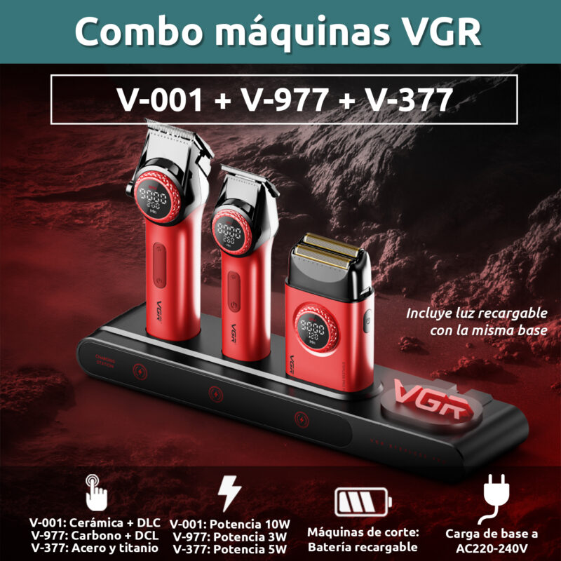 Alternative view of Kit Máquina De Cortar Pelo Afeitadora Barbería VGR 3 en 1 Luz Color Rojo