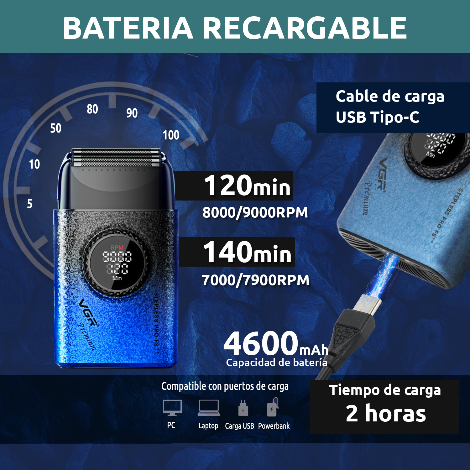 Afeitadora Eléctrica shaver VGR V-377 titanio 9000 RPM usb Color Azul - Image 4