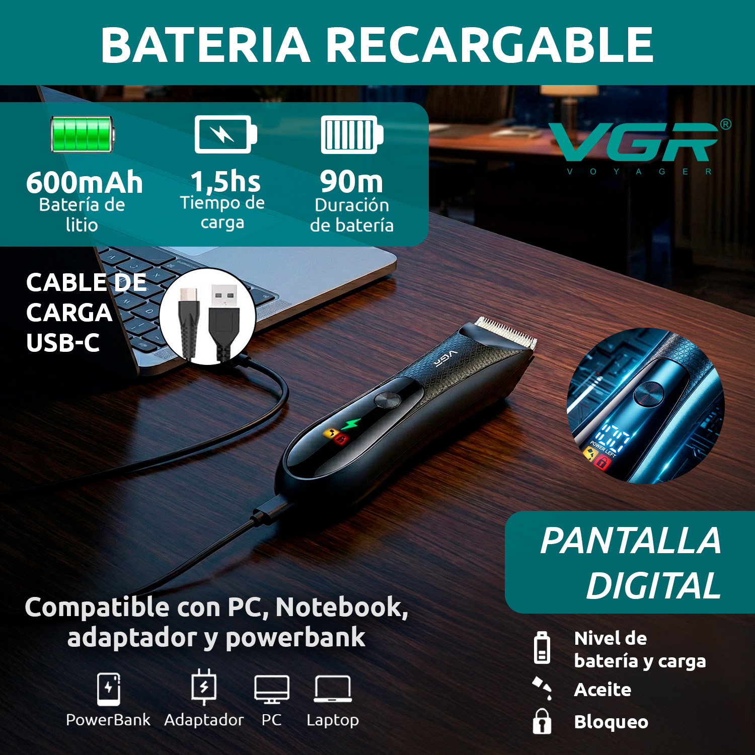 Afeitadora Eléctrica Intima Corporal Vgr V-957 Luz Ipx7 Negro - Image 3