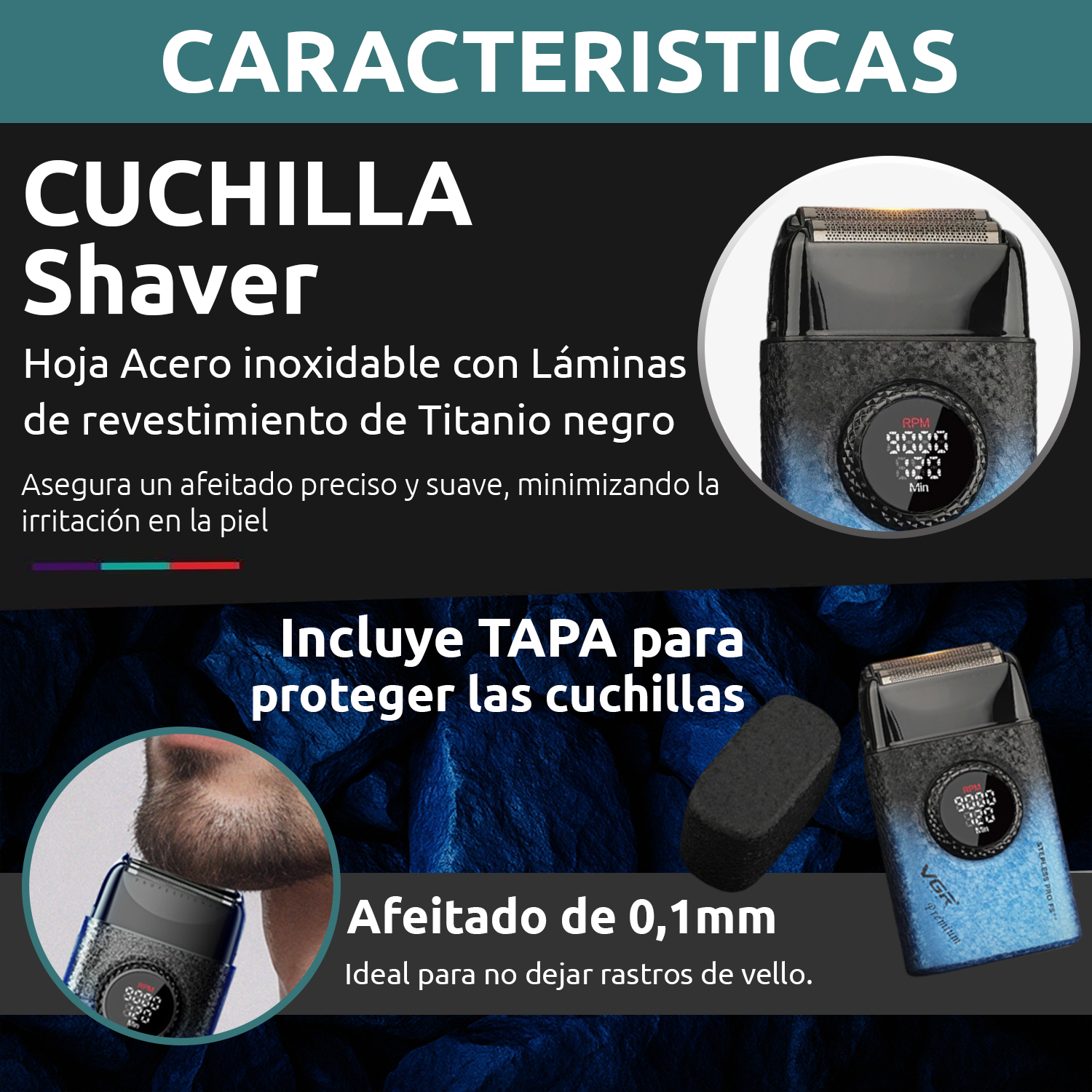 Afeitadora Eléctrica shaver VGR V-377 titanio 9000 RPM usb Color Azul - Image 6