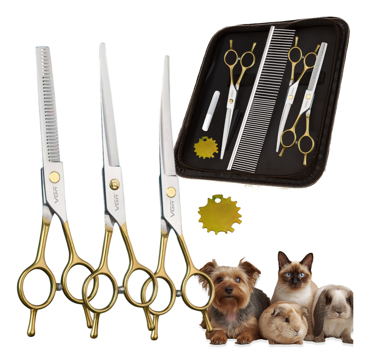 Kit Tijeras Peluqueria Mascotas Vgr Corte Recta Curva Pulir