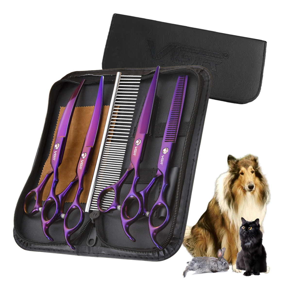 Tijeras Peluqueria Mascotas Vgr Corte Recto Curva Pulir Kit
