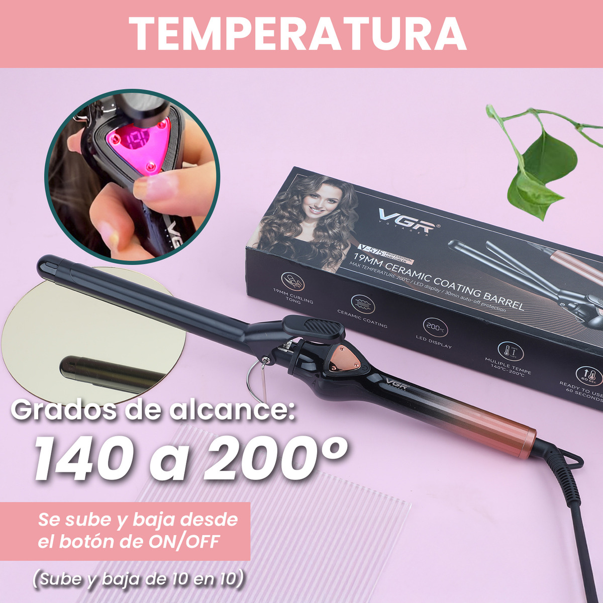 Rizador Buclera Vgr V-575 Cerámica Pro 200°c 7 Niveles Led Rosa - Image 5