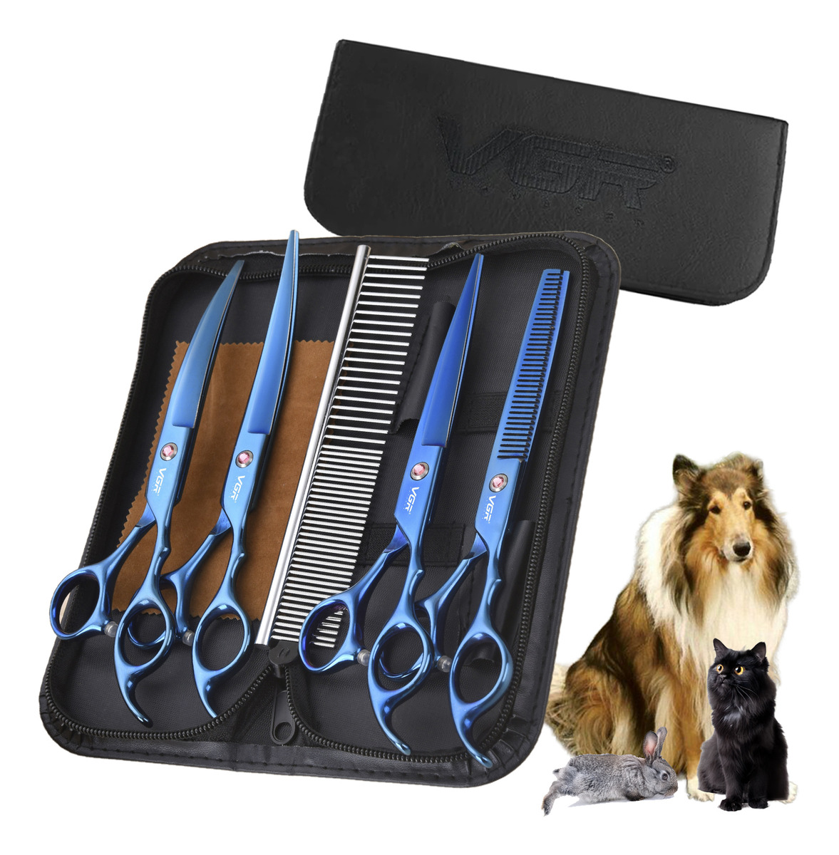Tijeras Peluqueria Mascotas Vgr Corte Recto Curva Pulir Kit