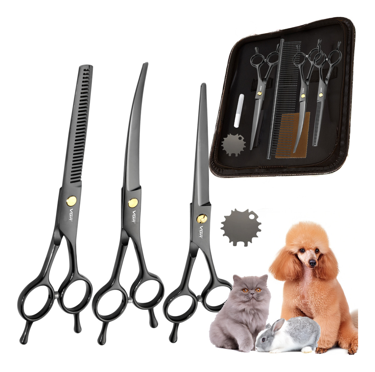 Tijeras Mascotas Peluqueria Kit Vgr Corte Recta Curva Pulir