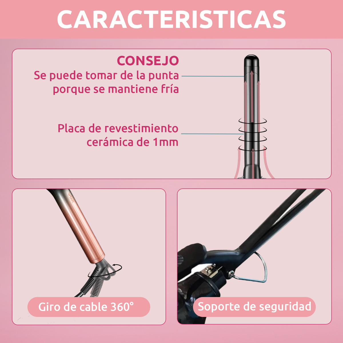 Rizador Buclera Vgr V-575 Cerámica Pro 200°c 7 Niveles Led Rosa - Image 3