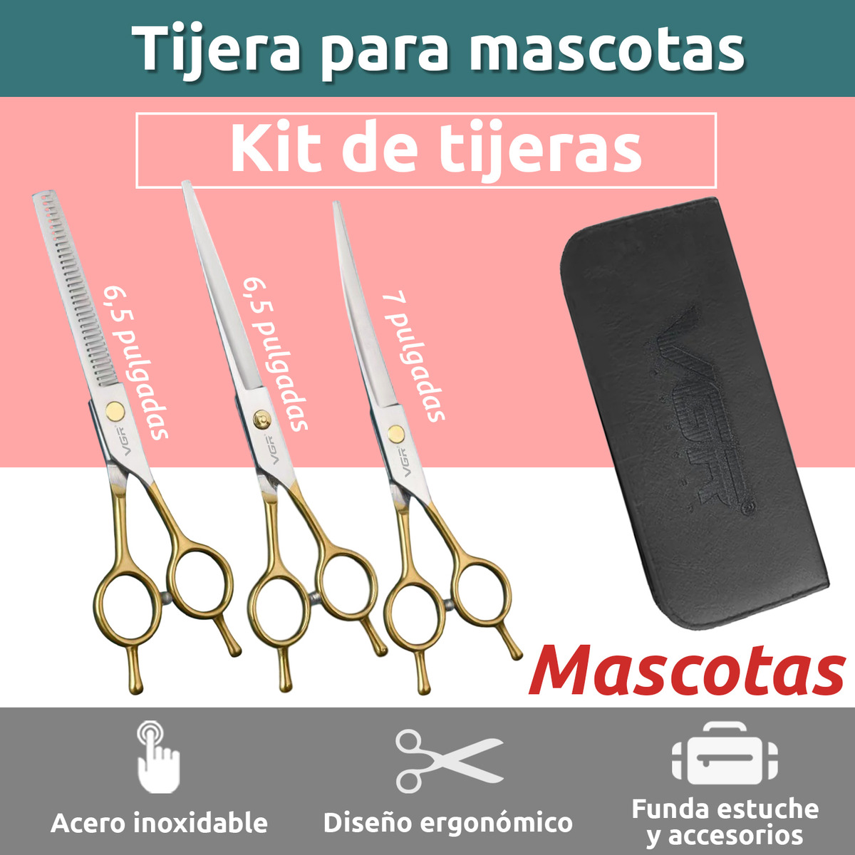 Kit Tijeras Peluqueria Mascotas Vgr Corte Recta Curva Pulir - Image 2