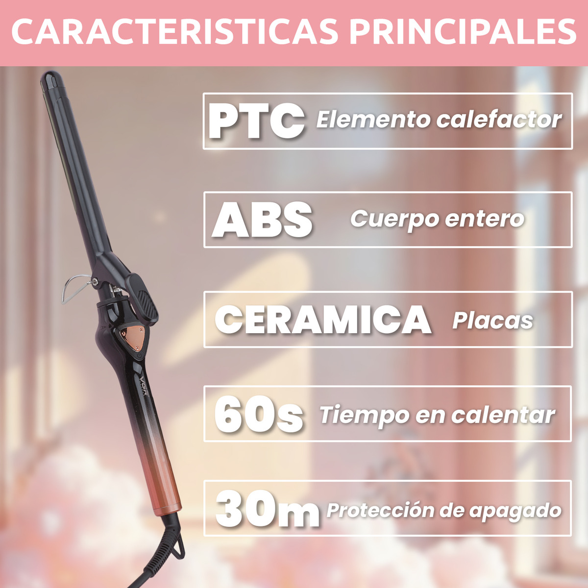 Rizador Buclera Vgr V-575 Cerámica Pro 200°c 7 Niveles Led Rosa - Image 6