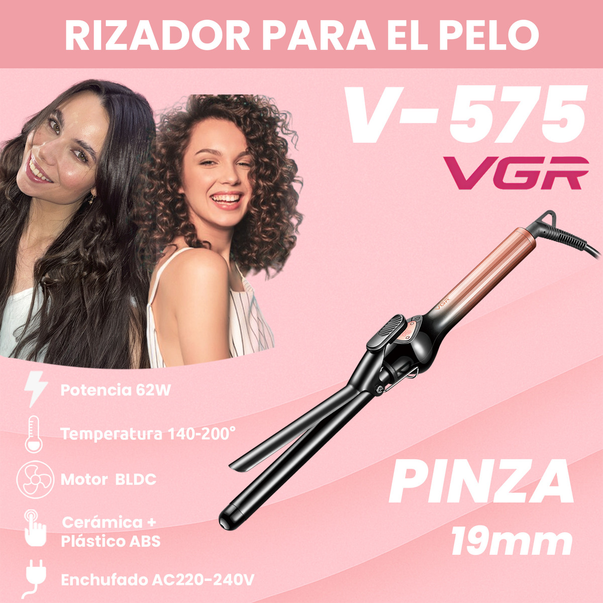 Rizador Buclera Vgr V-575 Cerámica Pro 200°c 7 Niveles Led Rosa - Image 2