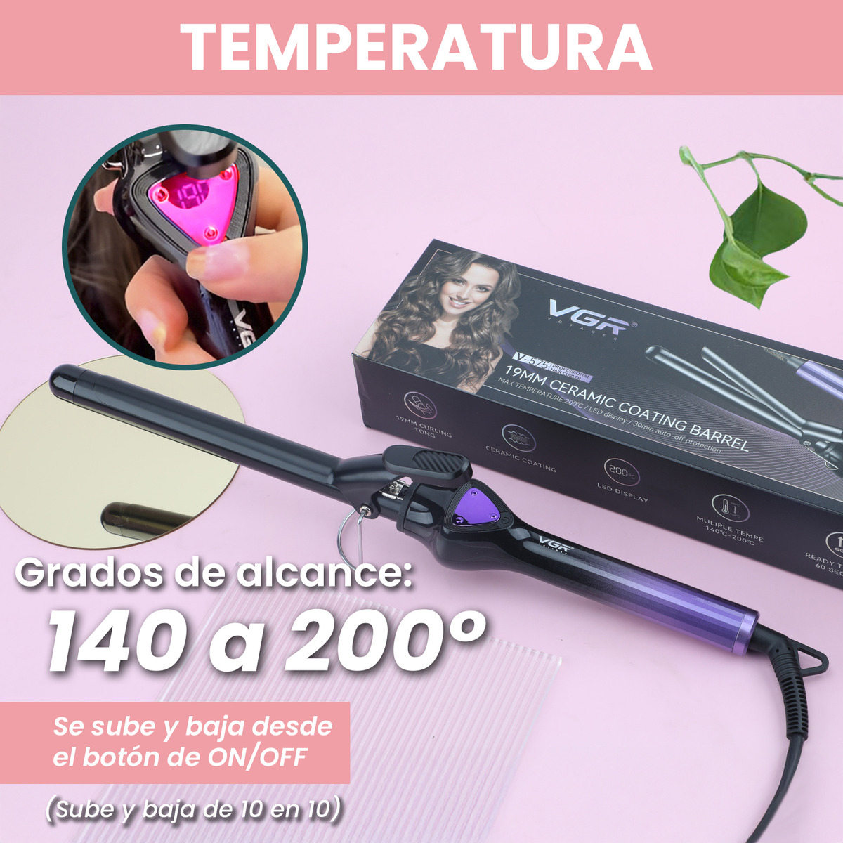 Rizador Buclera Vgr V-575 Cerámica Pro 200°c 7 Niveles Led Violeta - Image 5