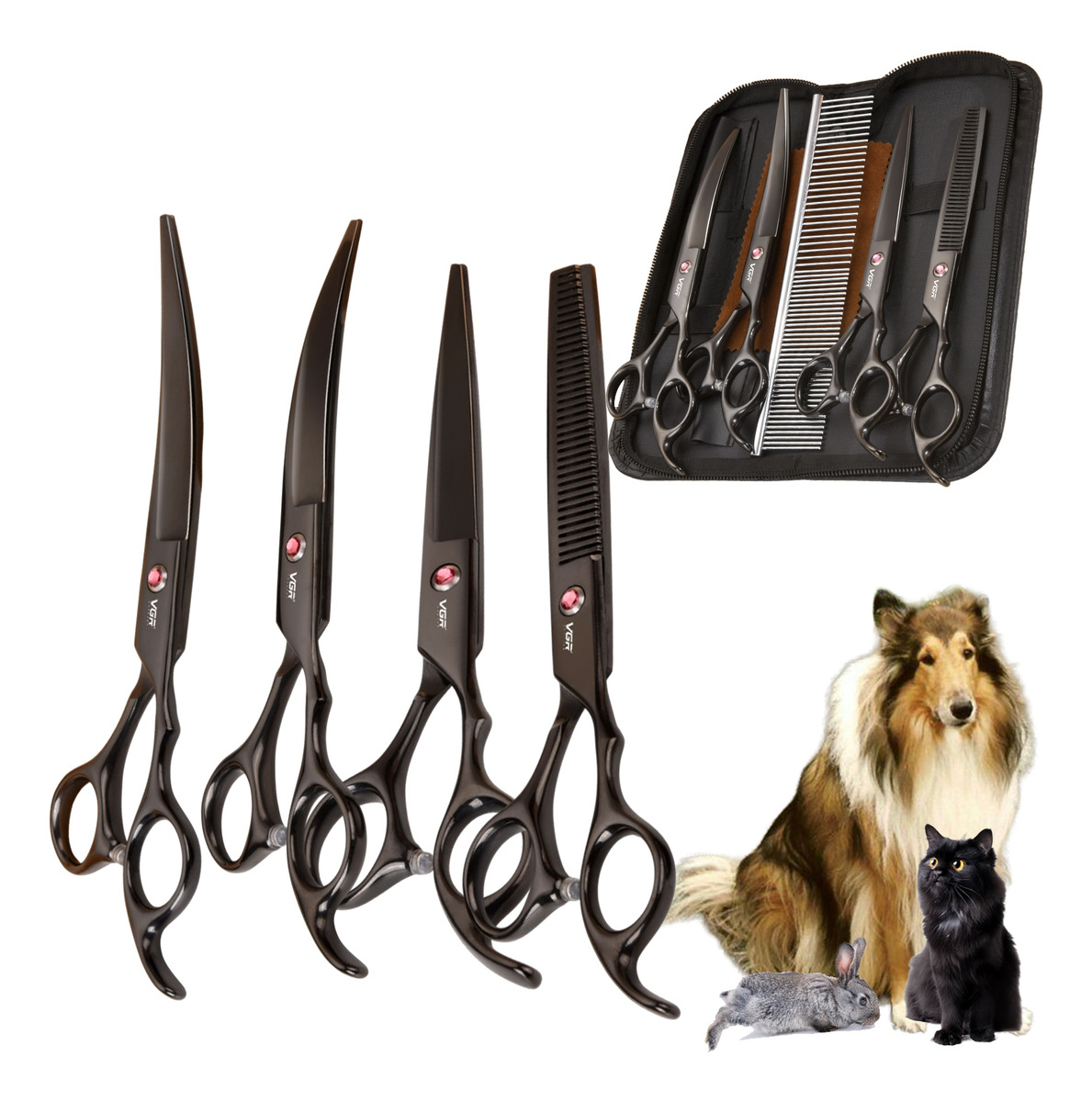 Tijeras Peluqueria Mascotas Vgr Corte Recto Curva Pulir Kit