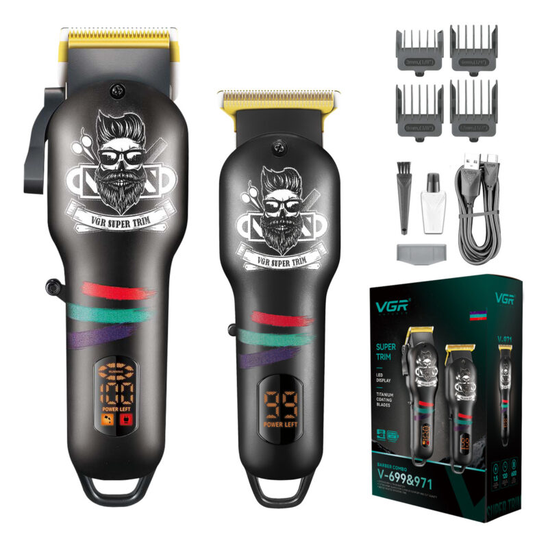 Combo Kit Barbería Clipper Trimmer Profesional Vgr V-699&971