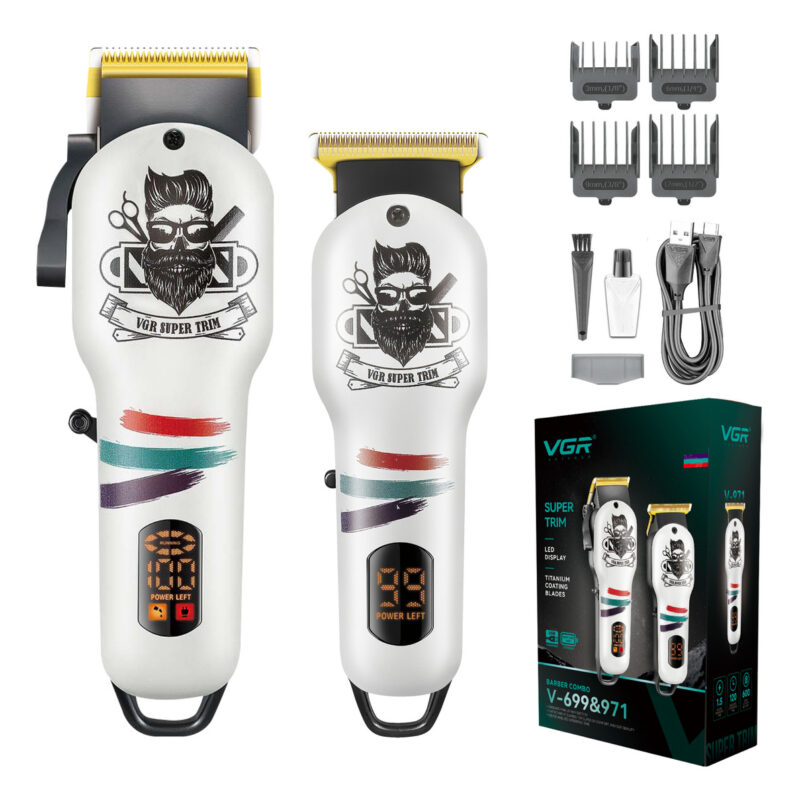 Combo Kit Barbería Clipper Trimmer Profesional Vgr V-699&971